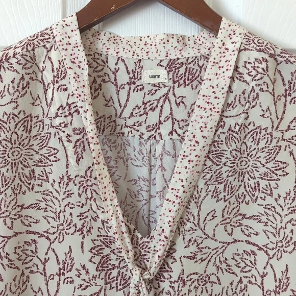 Warm NY Floral Printed Silk Tied V-neck Quarter Bell Sleeve Blouse Cream Medium